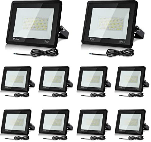 Lospitch 10x 100W LED Strahler Flutlicht, 4250LM Outdoor Sicherheitsleuchte, 6000K Kaltesweiß, IP66 Wasserdicht LED Scheinwerfer, Ideale Außenbeleuchtung für Garten, Garage, Hof