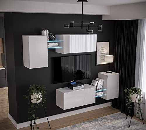 Furnitech Wohnwand Wohnzimmer | Wohnzimmer Möbel mit LED Blau | Hängend Wohnwand Modern | Wohnzimmer Schrankwand mit Regale und TV Schrank (AN97-21W-HG2 1C)