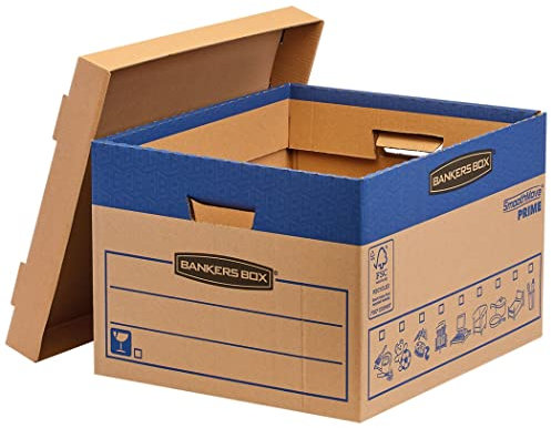 10 BANKERS BOX Large Strong Moving Boxes, 47L FastFold Moving Boxes, SmoothMove Cardboard Boxes, Heavy Duty Double Wall Boxes for Moving House with Handles, 43cm x 38cm x 29cm (Pack of 10), Brown