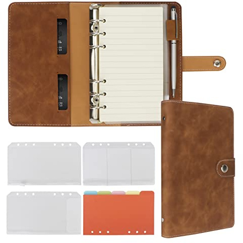 FYY Leder A6 Ringbuch Notizbuch, 6 Ring Reisetagebuch mit A6 Nachfüllbaren Papieren, Binder Taschen und Trennblättern, Persönlicher Schreibplaner für Schule, Büro, Zuhause, Meeting Braun