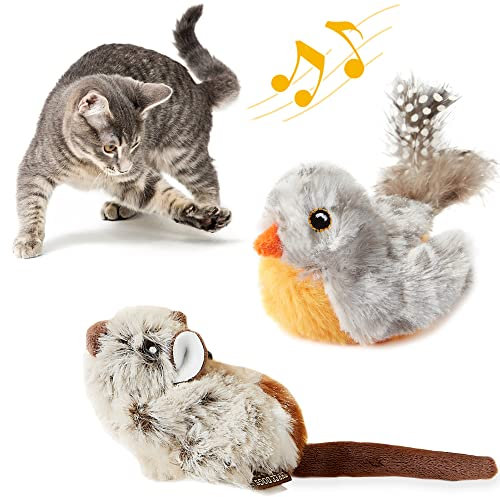 Suhaco Cat Toys for Indoor Cats Feather Squeaky Bird & Mouse Kitten Toys Set, Three Dogs & A Cat Melody Motion Activated Chirping Kitty Toys Interactive Plush Cat Toys for Boredom (2 Pack)