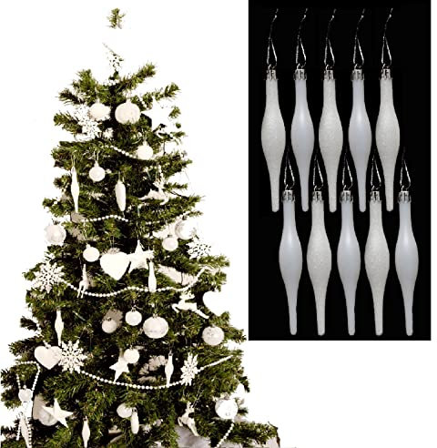 Simply Products 10 Droplet Baubles - Great Christmas Tree Decoration, Matte & Glitter Icicle Baubles (White Glitter & Matte)