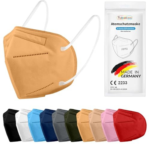 TubeRoo FFP2 Maske orange 20 Stück Masken aus Deutschland, Made in Germany, weiche Ohrschlaufen Bänder, Atemschutzmaske, Mundschutz, Schutzmaske, Staubmaske, Feinstaubmaske