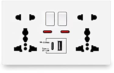 Control de interruptor de enchufe doble universal, interfaz de carga rápida inteligente de 13A, Enchufe de pared de carga rápida tipo C de 18W, Enchufe de puerto USB tipo C (Blanco)