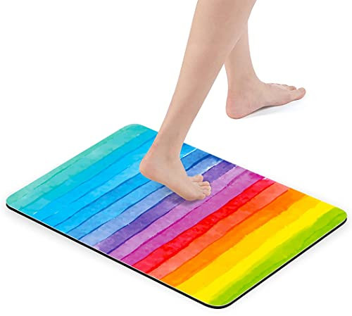Zomer Badematte Badteppich rutschfest waschbar 42x60 cm Badezimmerteppich mit Regenbogen Streifen Motiv