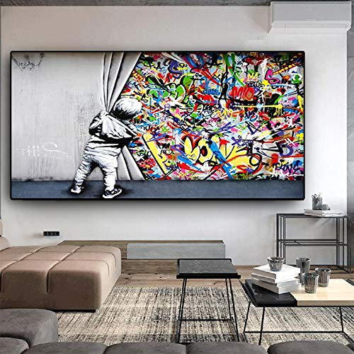 HSFFBHFBH Street Art Banksy Graffiti Wandkunst hinter dem Vorhang Leinwand Gemälde Wandkunst Bilder für Wohnkultur Malerei 90x180cm(35x71inch) mit schwarzem Rahmen