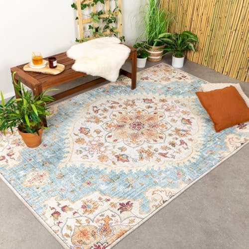 FRAAI | Home & Living Vintage Gartenteppich - Santo Mandala Hellblau - Wetterfest - Polyester - Flachgewebe - Balkon, Garten/Terrasse - Terrasse - Rug