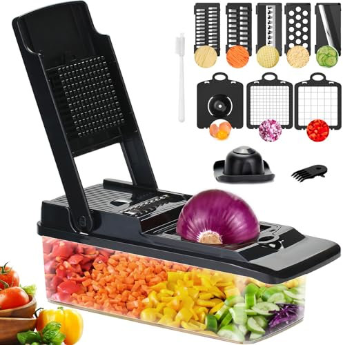 Cortador de Verdura Manual,15 en 1 Mandolina de Cocina Profesional,Multifuncional Picador de Verduras Negro