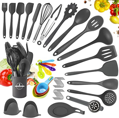 YUTUY Ustensiles de Cuisine Silicone,49pcs Ensemble d'ustensiles de Cuisine en Silicone avec 20 Hameçons,9 Cuillères à Mesurer,Accessoire Cuisine Set Antiadhésif-Gris Foncé