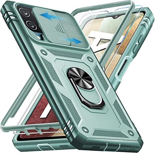Giyer für Samsung Galaxy A12 Hülle mit Schutzfolie, Handyhülle Galaxy A12 5G mit Kameraschutz Kartenschlitz 360° Metall Ring Ständer Stoßfest Bumper Schutzhülle Samsung A12 6.5 Case Cover (Mintgrün)