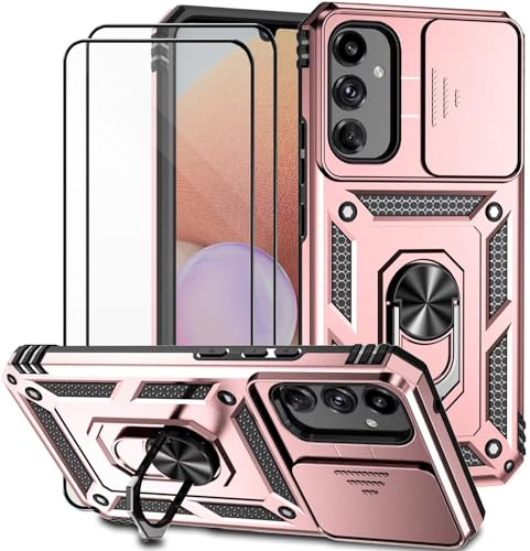Dechyi Cover per Samsung galaxy A34 5G con Vetro Temperato Custodia con Scorrevole Protezione Fotocamera Custodia Rotante Anello Supporto Antiurto TPU Bumper Custodie-Rosa
