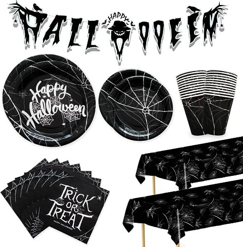 Halloween Party Supplies Spider Web Party Decorations - Black Happy Halloween Disposable Paper Plates and Trick or Treat Napkins Cups Tablecloths Banner Set for Serve 25 Guests, Halloween Party