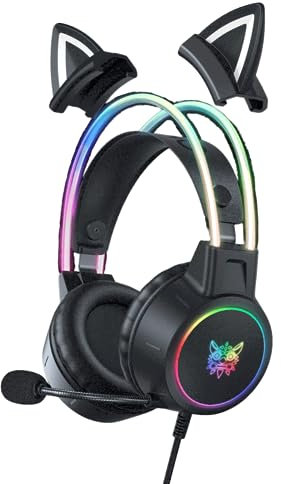Pro Over-Ear Headphones Gaming Headset Wired Cancelling Earphones Pink Cat Ears RGB Light with Mic for PC PS4