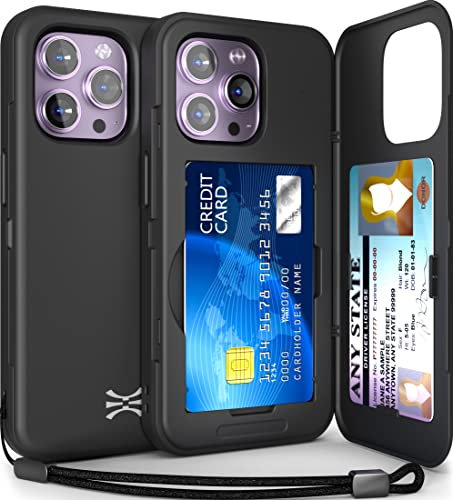 TORU CX SLIM for iPhone 14 Pro Max Case Wallet | Protective Shockproof Heavy Duty Cover with Hidden Card Holder & Card Slot | Mirror & Wrist Strap Included - Black