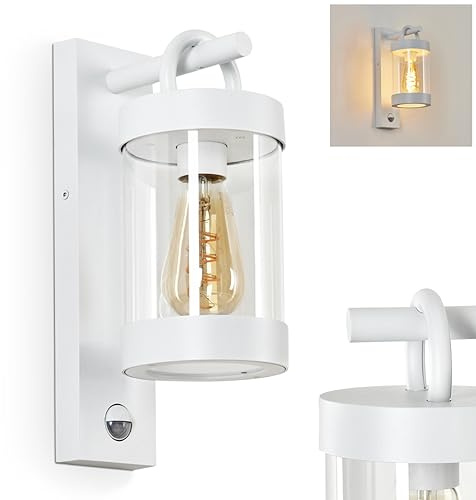 HOFSTEIN Außenwandleuchte Fulham, Außenwandlampe mit Bewegungsmelder aus Metall/Kunststof in Weiß/Klar, Wandleuchte außen Down im modernen Design, E27, IP44, Hof, Eingangsbereich, Terrasse, Haustür