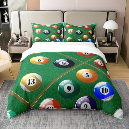 100% Baumwolle Wateroclor 3D Billard Bettbezug 135x200 Größe für Jugendliche, Bunte Ballspiel Sport Thema Tröster Bezug, grüne Art All Season Bettwäsche