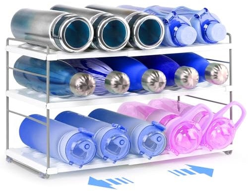 Huquter Espandibile Porta Bottiglie Acqua, Multifunzionale Regolabile per Portabottiglie Acqua per Armadio/Bancone/Dispensa,Tre Livelli Porta Bottiglie di Vino per Armadi da Cucina Tavolo Ufficio