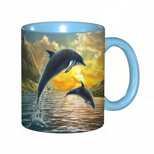 Tazza da Caffè in Porcellana,Tazze da Cappuccino Mug in Ceramica,Tazza in Ceramica 330ml,Due delfini che saltano fuori dal mare durante uno sple,Mug Grande Capacità,Regali per Colleghi e Persone Care
