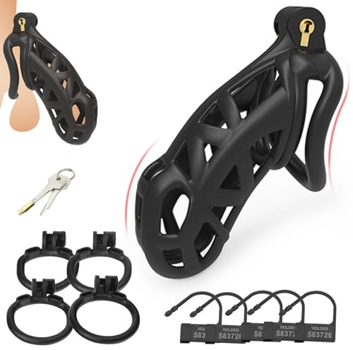 AMZII 2.0 Peniskäfig mit Hodenringe,Keuschheitsgürtel Keuschheitskäfig(XXL) | 3D Harz Chastity Cage Male Set,mit 4 Arc Penisringe Cockring für Herren Penis Käfig Cock Cage,BDSMs Spielzeug Hart