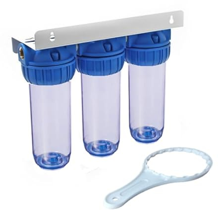 Swan Batterie de Trois Tasses Porte Filtre 10 Comprenant Support et Clé pour Installations Filtration d'Eau pour Sédiments et Bloc de Carbone