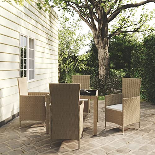 Festnight 5-TLG Rattan Garten Essgruppe, Terrassenmöbel Set 4 Personen,Sitzgruppe Garten mit Tisch & 4 Hochlehner-Gartenstühlen mit Sitzpolster, Gartenmöbel Set PolyRattan Beige