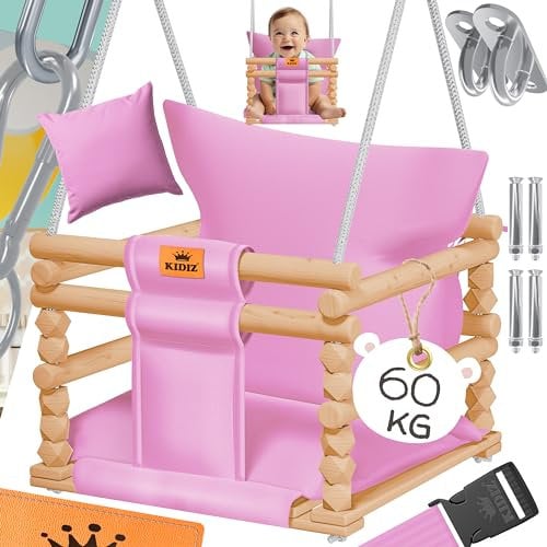KIDIZ® Babyschaukel Kinderschaukel Schaukelsitz mit Polsterung | Holz-Schaukel mit Anti-Kipp bis 60KG | Höhenverstellbar Indoor & Outdoor | 0,5-3 Jahre | Montagezubehör & Sicherheitsgurt Rosa