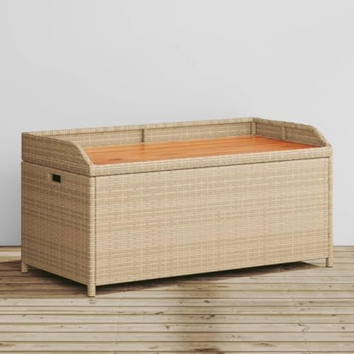 CIADAZ Bank mit Stauraum Beige 100x50x52 cm Poly Rattan Akazienholz, Terrassenmöbel, Wetterfeste Bank, Outdoor Bank, Parkbank, Garten Banken, Deko Bank, Gartenmöbel - 365951