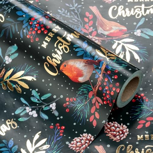 WRAPAHOLIC Geschenkpapier mit Goldfolie, Mini-Rolle, 43,2 cm x 10,2 m, grüner Vogel und Frohe Weihnachten, Design für Weihnachten, Urlaub, Party