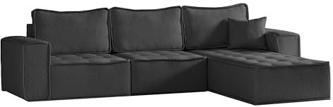 Kaiser Möbel, Ecksofa mit schlaffunktion, mit Bettkasten, Schlafsofa Bohoo L Maxi, Designer L-Form Sofa, Modern Design Couch, Polsterecke, Freistehend, Stoff Raven Graphit Rechts