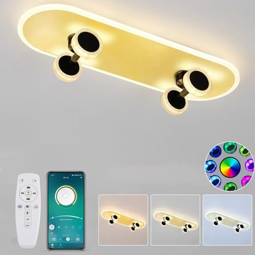 LED Deckenleuchte - Kinderzimmer Lampe Decke Dimmbar mit Fernbedienung & APP, RGB Farbwechsel Kinder Deckenlampe, Kreative Skateboard Leuchte für Deko Junge/Mädchen Schlafzimmer, Golden, 32W, L60CM