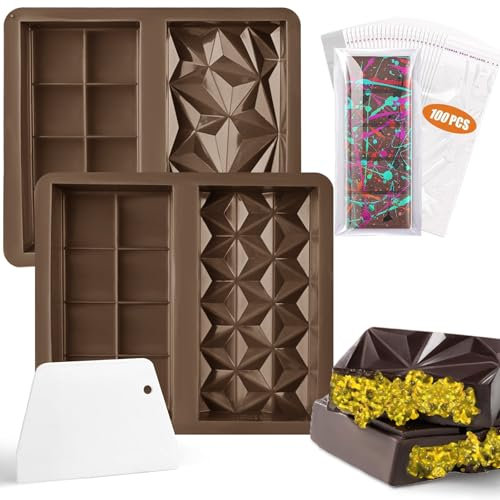 MARUKO 2 Pcs Silicone Chocolate Moulds, Deep Chocolate Mould with 100 Pcs Bags + 1 Scraper, Big Chocolate Bar Moulds DIY Gift Kitchen Accessories
