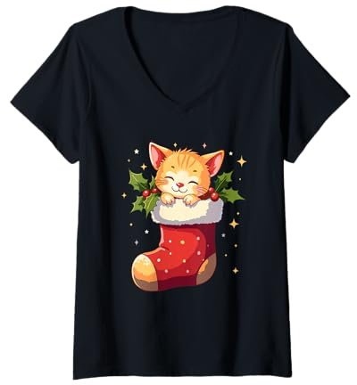 Damen Niedlicher Weihnachtsstrumpf mit niedlichem Kätzchen, gemütlicher Urlaub für Katzenliebhaber T-Shirt mit V-Ausschnitt