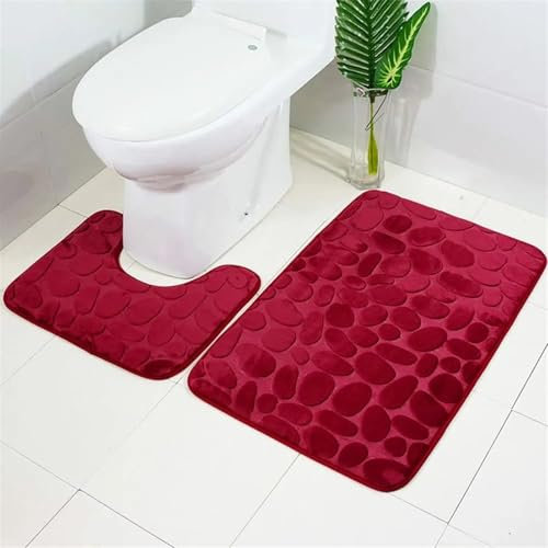 GIBZ Tapis de Bain Ensemble Lot de 3 Tapis de Salle de Bain Solides Tapis de Toilette Absorbants en Polaire Corail Doux Antidérapant Rouge 50 * 80CM+U50*40CM