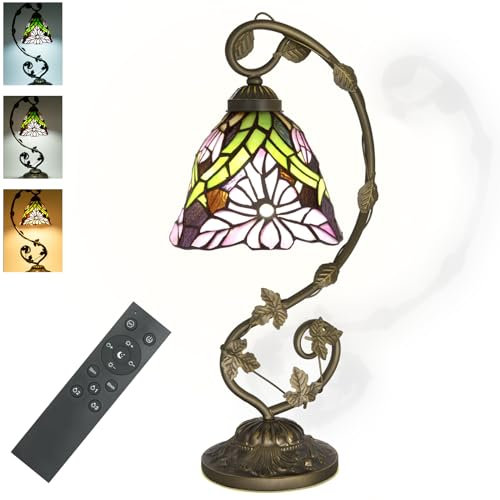 JHuiLap Tiffany Stained Glass Lamp with Remote Control, Stepless Dimming & 3 Color Temperature Adjustment, 8 Inch Metal Leaf Base Included LED Bulb for Bedroom Living Room(Pink Daisy)