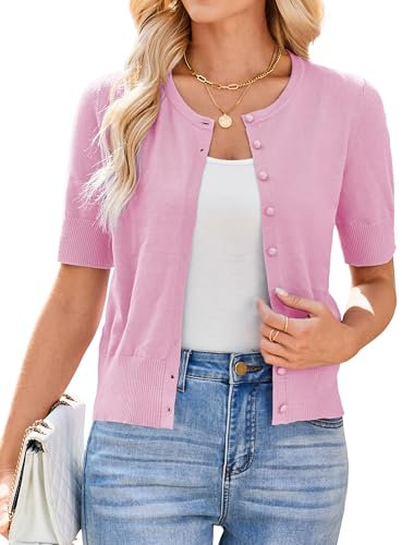 Newshows Short Sleeve Cardigan for Women UK Summer Cropped Cardigan Knitted Buttons Down Bolero Shrug Hot Pink,M
