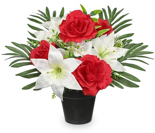 Hollyone Künstliche Friedhof Blumen für Grabschmuck, Kunstblumen im Topf für Grab, Rot Künstlicher Rosen und Lilien Deko Blume Grabgesteck Gedenkstätte Seidenblumen