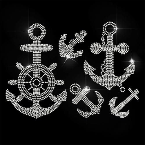 GOMAKERER 5 Stück Strasssteine Zum Aufbügeln, Anker Helm Muster Strasssteine Aufbügeln Hotfix Bling Crystal Bekleidungs Reparatur Applikation Wärmeübertragungsaufkleber Für T Shirt Kleidung Taschen