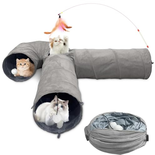 Katzentunnel Katzenspielzeug Faltbar Cat Tunnel,Spieltunnel mit Spielball Haustier,Faltbarer Erweiterbarer Rascheltunnel für Katzen Welphln Kaninchenoder Kleintier,Meerschweinchen