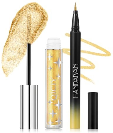 Jutqut Gold Glitter Mascara and Eyeliner Set, Diamond Waterproof & Durable Eyeliner, Volume & Curling Shimmer Mascara, Liquid Metallic Sparkling for Eye Make up, Eye Liner for Wedding or Party
