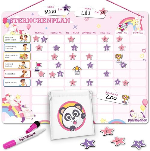 PANDABANDE® Montessori Sternchenplan [100 Aufgaben, 200 Sterne, 3 Farben, 1-2 Spieler] - Belohnungstafel Kinder - Ideales Belohnungssystem, Aufgabenplaner, Belohnung Kind