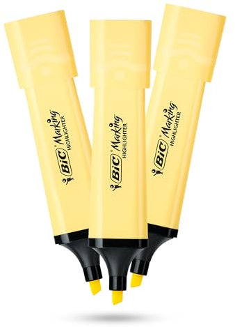 BIC Marking Highlighter Flach Textmarker Marker 3 Stück Kunststoff Textmarker Stift mit Pastellgelber Tinte Textmarker Stifte für Glatte Noten Präzise Highlights Ideal für Schule und Büro