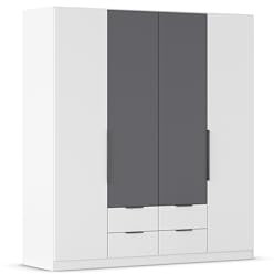 Rauch Möbel Belfast Kleiderschrank, Schrank, Garderobe, Organizer, 4-türig, 4 Schubladen für mehr Stauraum, Farbe Weiß, Kurze Griffleisten Grau metallic, 181x197x54cm