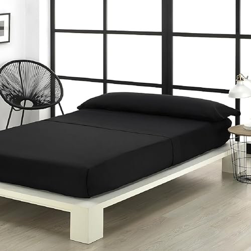 Sábanas 150x190 150x200 - Juego de Sábanas 3 Piezas - 100% Microfibra Suave y Transpirable - Sábana Bajera Ajustable, Encimera y Funda Almohada - Ropa de Cama Lisa y Elegante (Negro)
