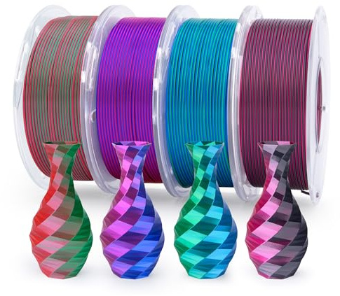 ELEGOO Silk PLA Filament Set Mehrfarbig 1.75mm 250g*4 | Silk Grün Rot/Blau Lila/Schwarz Rot/Blau Grün, Glänzendes Mehrfarbig 3D Drucker Filament, 4 Pack 250g Spulen
