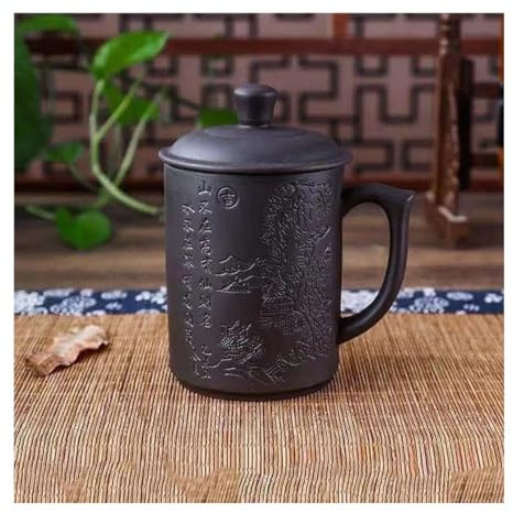 Tasses à thé en céramique peintes à la main, tasse à thé en argile violette avec couvercle et infuseur (13 oz), tasse à eau Yixing Zisha, for le bureau et la maison (vue sur la montagne noire)