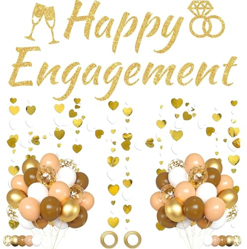 Engagement Party Decorations,Engagement Decorations, 4m Gold and White Heart Garland Decorations, Engagement Banner and 30 Balloons with Ribbons for Engagement Celebration and Engagement Party