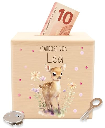 Kidsmood - Personalisierte Spardose Kinder mit Schlüssel aus Holz, Sparschwein Kinder mit Namen als Taufgeschenk, Geburtstagsgeschenk & Einschulungsgeschenk für Mädchen & Jungen - REH (10x10 cm)
