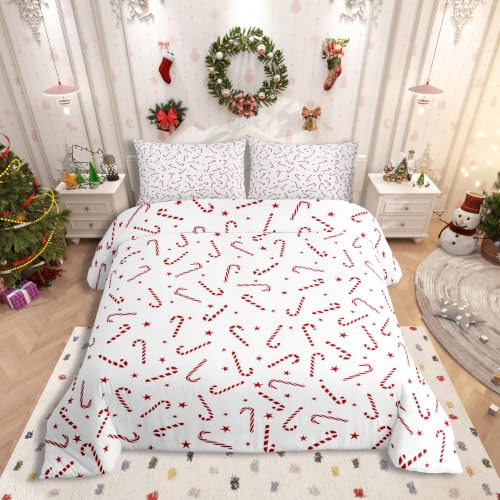 Homewish Kinder Weihnachten Bettwäsche 155x220,Niedliche Weihnachten Candy Cane Stern Bettbezug Set für Jungen Mädchen Teenager,Weihnachtsdekor Reversible Bettwäscheset Rot Weiß Bett Set 2 Teilig