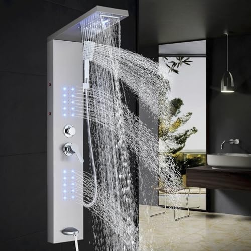 ZAMERY LED Shower Panel Column Tower- Overhead Rainfall Shower, 2 Body Massage, Handheld Shower and Bath Spout Wall Mounted Stainless Steel Shower Panel Brushed