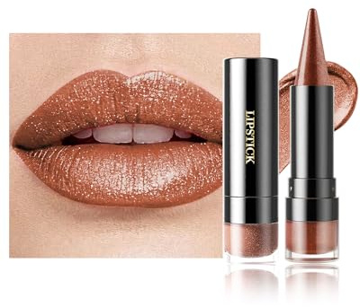 Rouge a Levre Pailleté Métallique, Brun Rouge a Levre Brillant Longue Tenue | Paillette Rouge a Levre Sans Transfert, Lip Stain Waterproof Highly Pigmented, 2 In 1 Crayon a Levre Fard a Paupiere